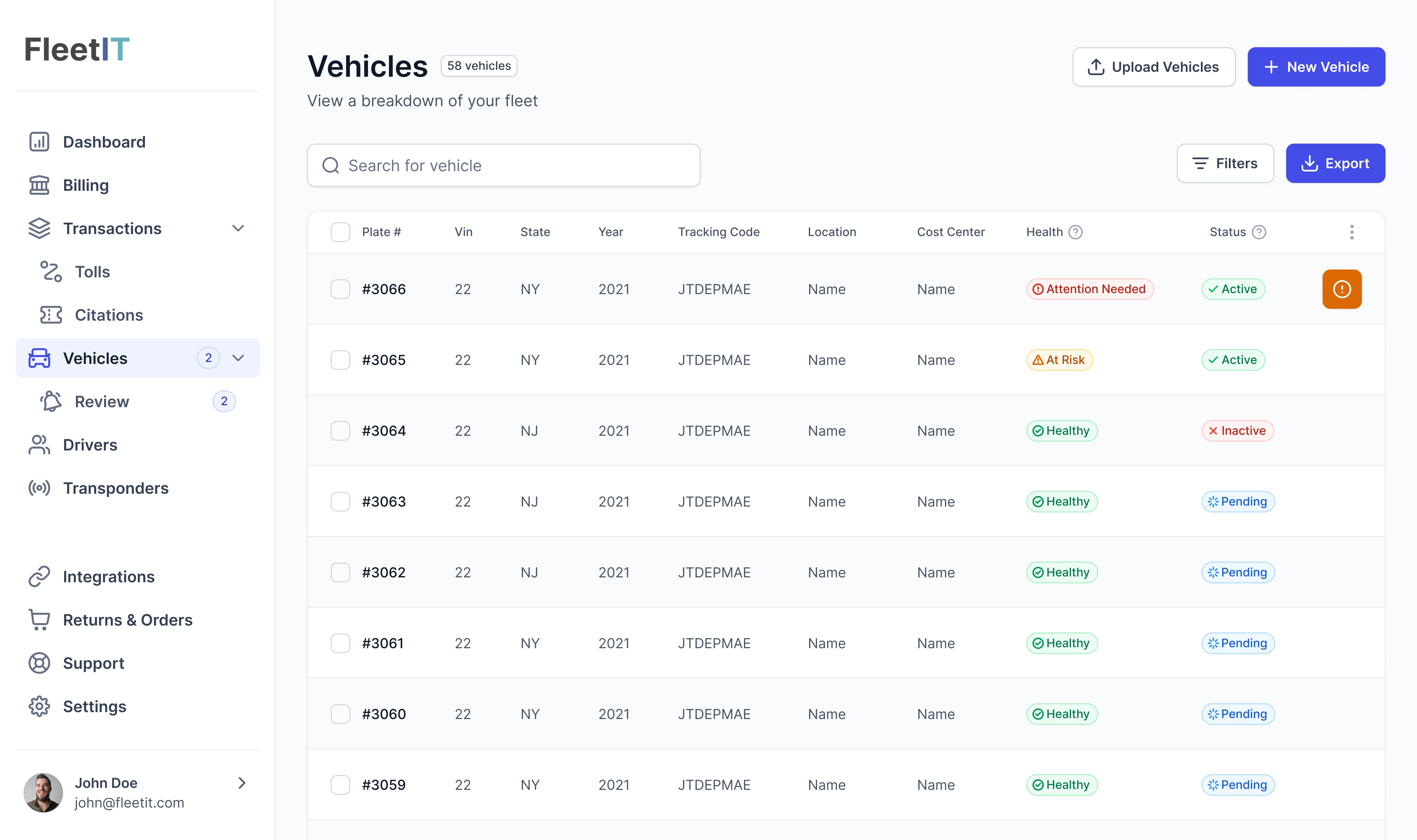 The vehicles page view of the FleetIT app